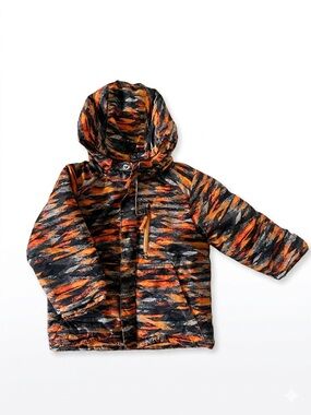 EUC Columbia Toddler Boy Hooded Puffer Winter Jacket Orange/Black Camo Abstract